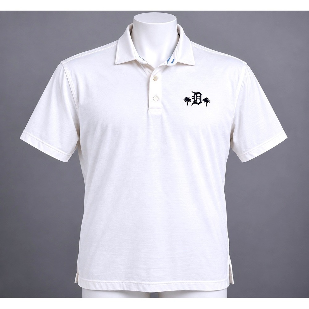 Johnnie-O Polo Shirt Men Large White Excellent Detroit D Palm Tree JMPO2340